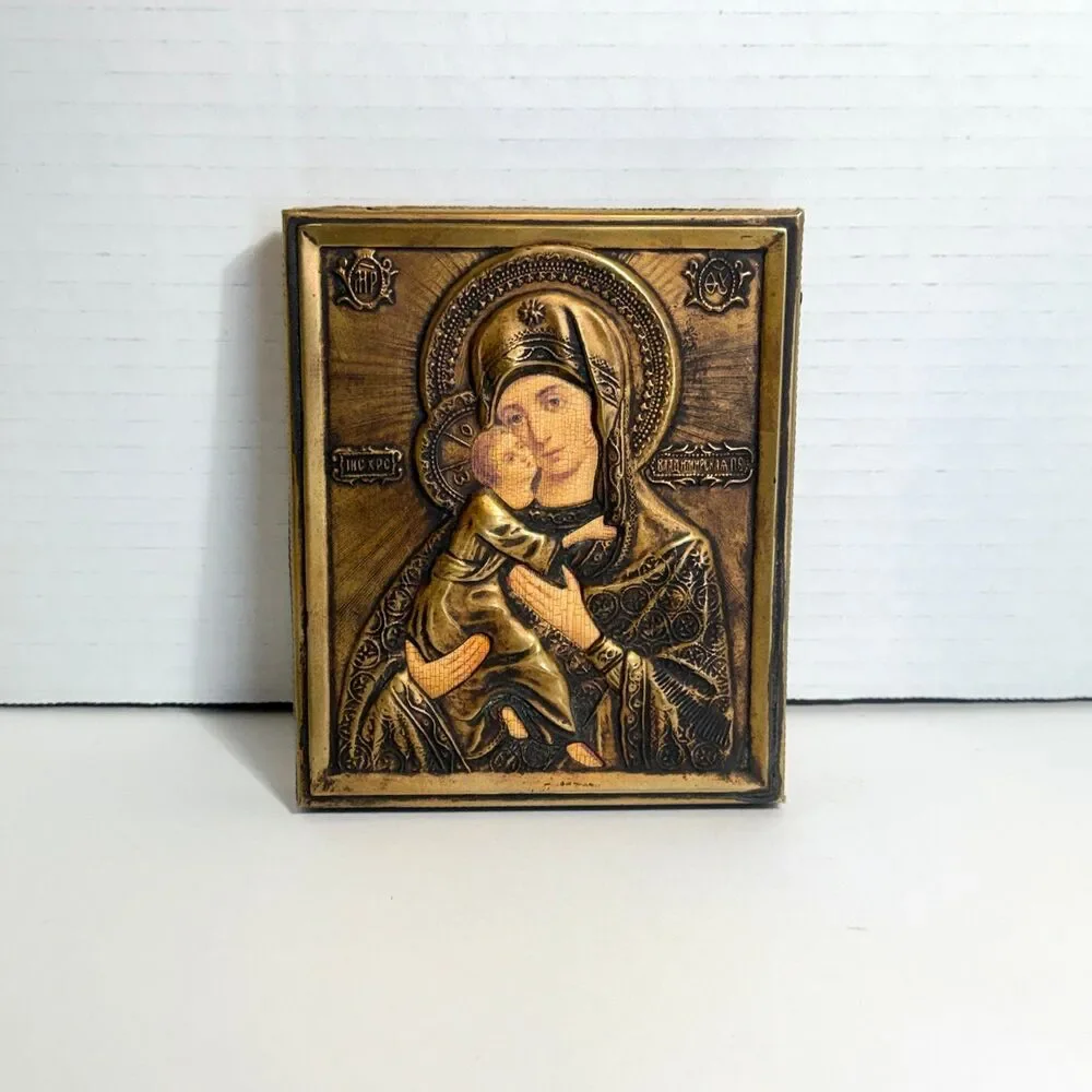 Vintage Virgin of Vladimir Metal Oklad Icon Plaque Wall Hanging